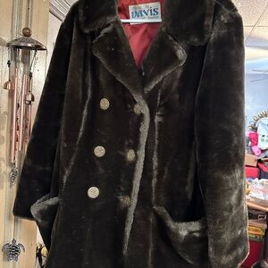Davis of Boston /Vintage /Brown Faux Fur /Fleur-de-lis Buttons Coat/Satin Lining